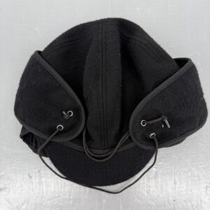 CrownCap Black Wool Blend Aviator Trapper Hat Ear Flaps Made in Canada Sz 6 7/8